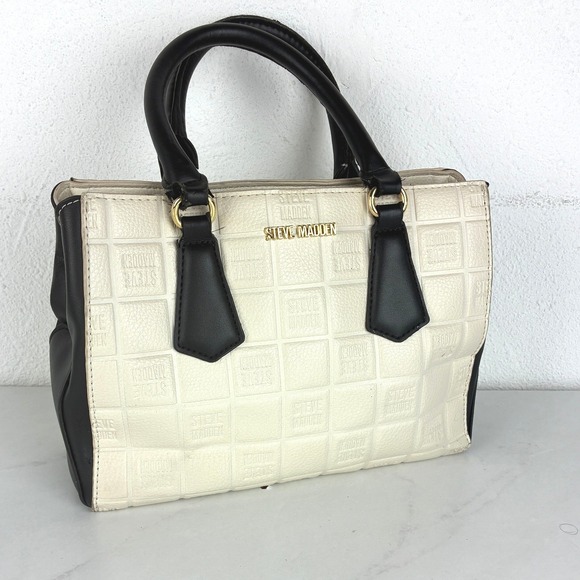 Steve Madden Handbags - Steve Madden Cream Black Embossed Logo Satchel Bag Double Handles